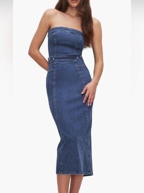 Good American Strapless Midi Denim Dress - Dark Blue
